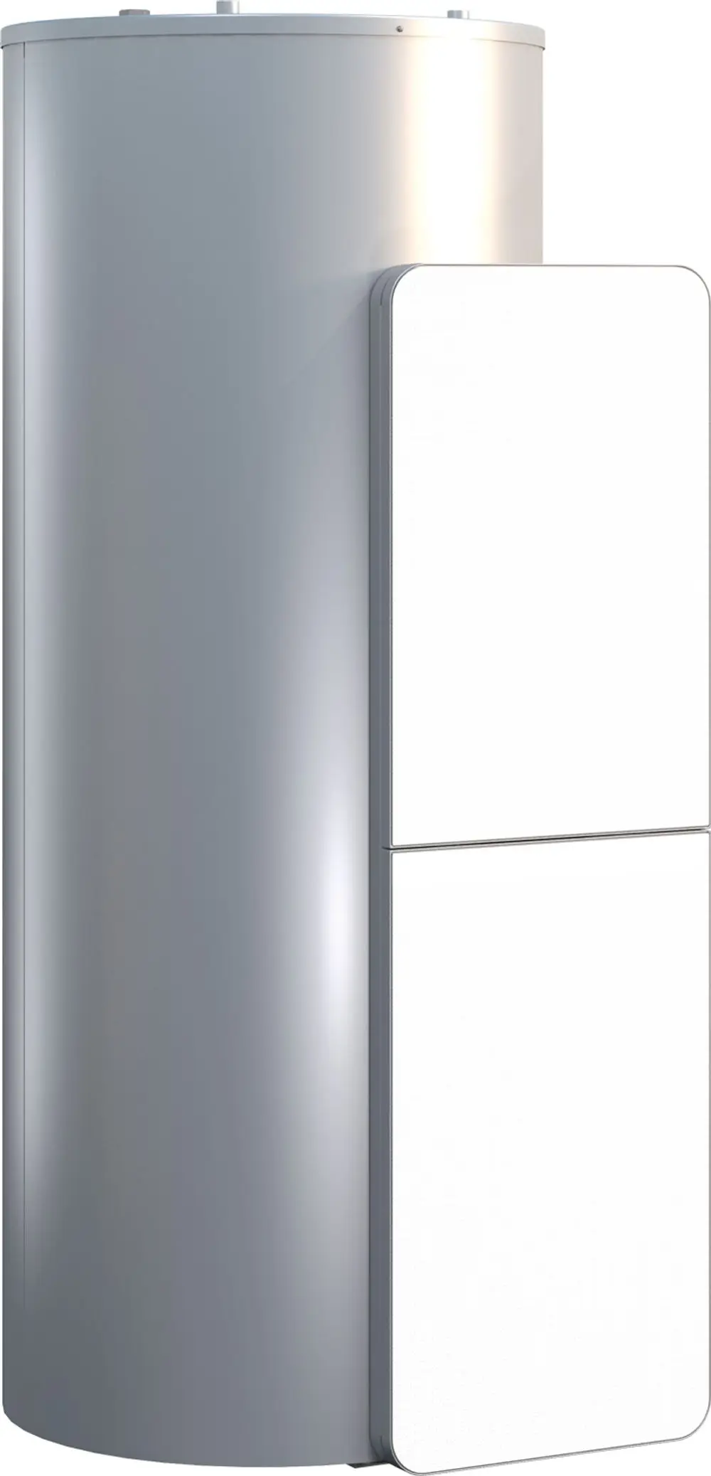 Bosch Pufferspeicher in zylindrischer Form, weiß lackiert, mit integrierten Solarwärmetauscher. Das Produkt ist vertikal montiert und hat eine minimalistische Gestaltung.